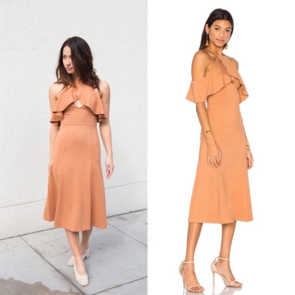 LPA Revolve Dress 161 Halter Midi Dress Ponte Knit Tan XS